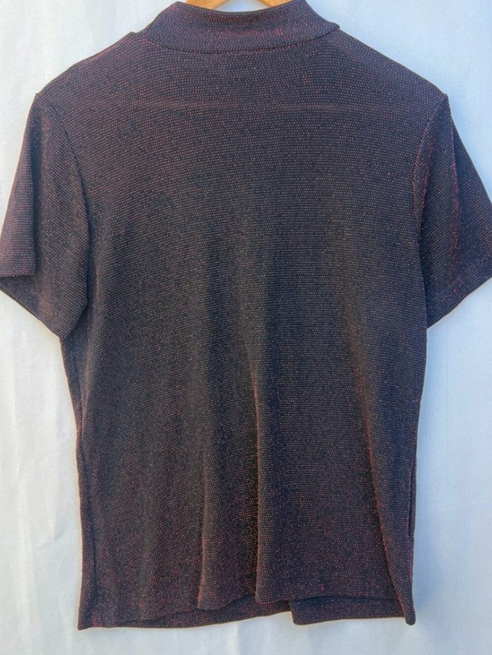 Women Mock Neck Short‑Sleeve Top Black Base with Red Shimmer Dots Sparkly Knit T - Picture 2 of 2